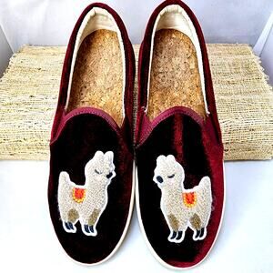 Burgundy Velvet Llama Slip On Sneakers - Cozy Comfort Loafers Womens Size 7